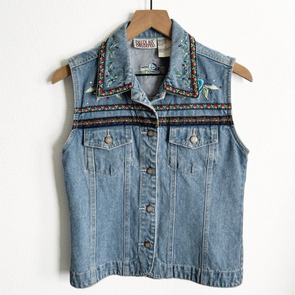Vtg Y2K Bill Blass Vest Womens Small Blue Embroidered Festival Boho Hippie Denim